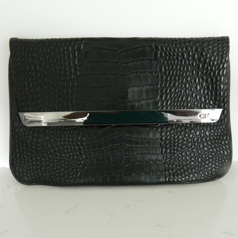 ANNE FONTAINE SEAN CROCO 100% BLACK CROC EMBOSSED COWSKIN FLAP CLUTCH $495